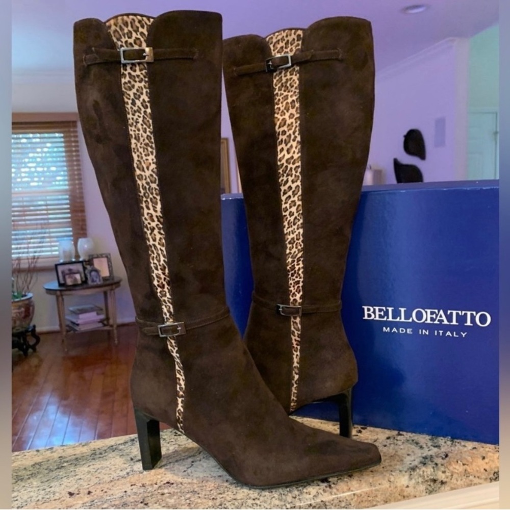 BELLOFATTO ~ Dark Chocolate Brown Suede Boots w/ Printed Leopard Calf Hair